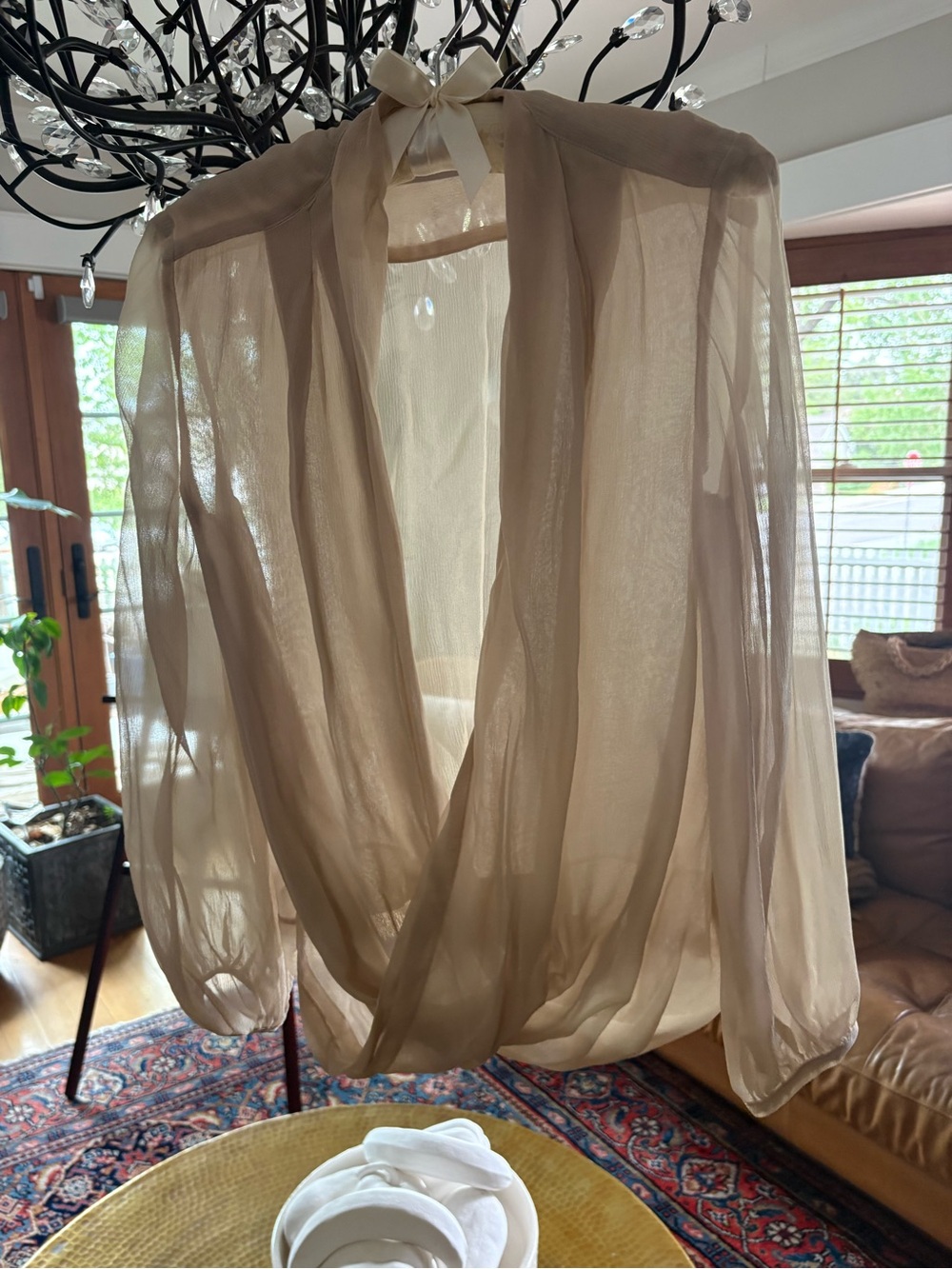 Amanda Uprichard Sheer Taupe Draped Blouse